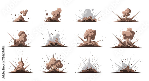 Twelve cartoon explosions with dust debris and radiating lines arranged in a grid on a white background