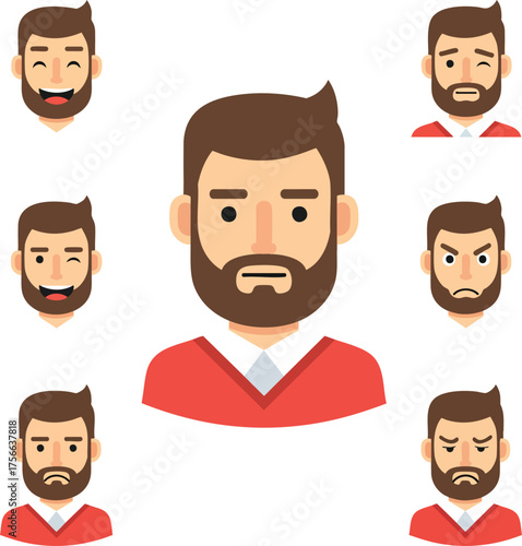Cartoon vector illustration set of a bearded mans head showing various facial expressions and emotions.