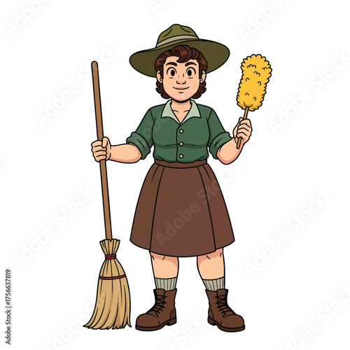 Cartoon woman in a rangerstyle uniform holding a broom and feather duster.