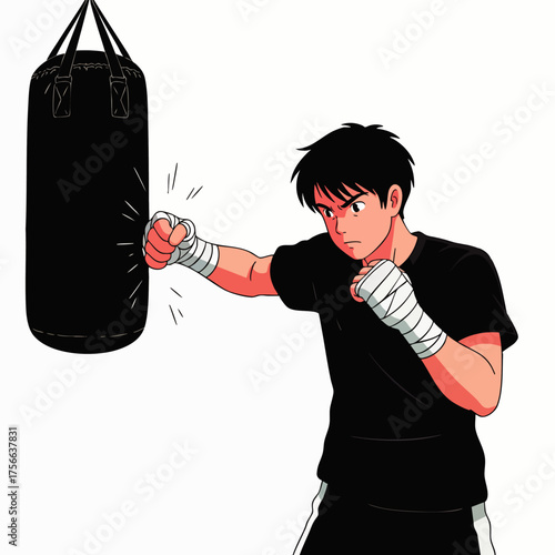 An animated illustration depicts a young man practicing boxing, striking a heavy bag with determination in a clean, white studio.