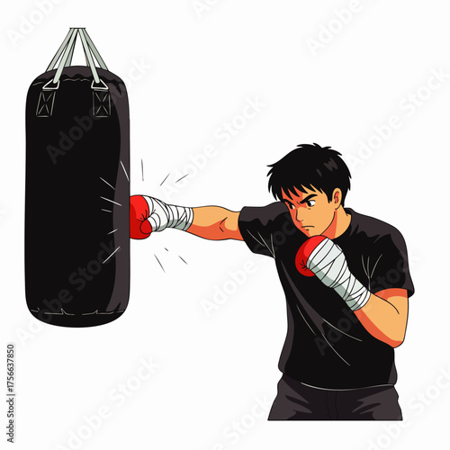 An animated illustration depicts a determined boxer practicing punches on a heavy bag, showcasing strength and training.