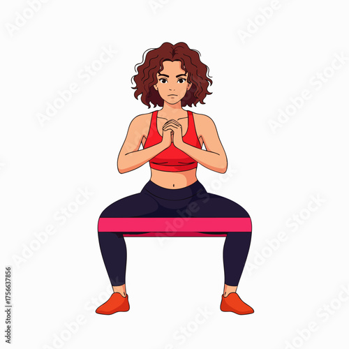 Illustration of a woman performing a squat exercise using a resistance band, promoting fitness and healthy lifestyle choices for physical well-being.