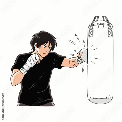 A determined young man practices boxing, throwing a powerful punch at a heavy bag during his intense training session.