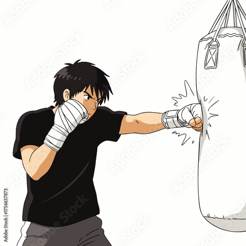 An animated boxer practices punches on a heavy bag, showcasing strength, training, and dedication to the sport of boxing in a dynamic illustration.