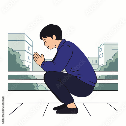 A person kneels in prayer, their hands clasped together, possibly seeking solace or spiritual connection in a moment of reflection and contemplation.