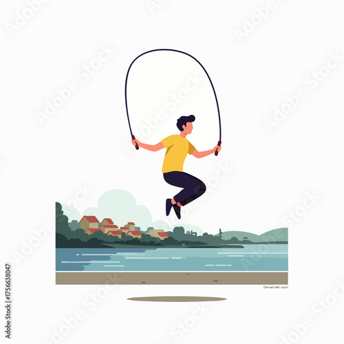 An illustration shows a man jumping rope near a lake, with a town in the background, perfect for fitness and activity.