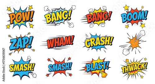 Twelve comic sound effect bursts in a grid pattern featuring vivid colors and dynamic shapes