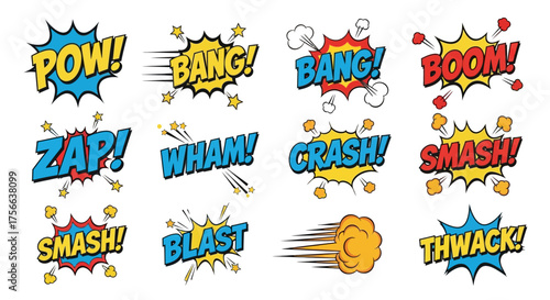 Twelve comicstyle sound effect icons with onomatopoeia words like Pow  Bang  unique shapes