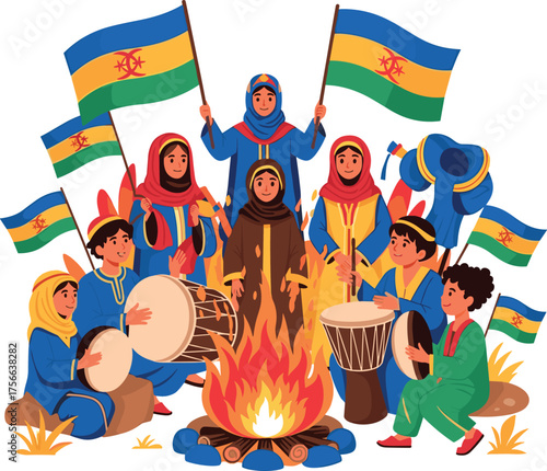 Berber children celebrate Yennayer with drumming and flags around a bonfire.
