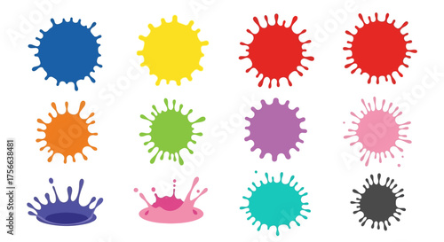Twelve vibrant distinct paint splatters in varying colors are arranged in a neat 3x4 grid on a white background