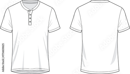 Front and back view fashion technical sketch of men henley t-shirt with button placket design, cad drawing flat vector illustration