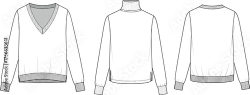 Fashion technical flat sketch of women sweater collection with v-neck, turtleneck, and crew neck design, cad drawing vector illustration