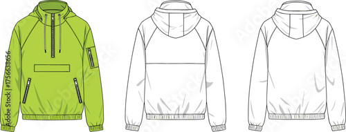 Unisex pullover windbreaker jacket technical flat sketch front and back view, half zip hooded outerwear CAD drawing flat vector illustration