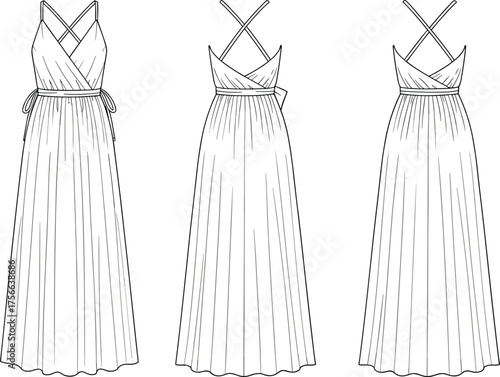 Elegant long maxi dress technical flat sketch front and back view, sleeveless wrap gown CAD drawing flat vector illustration