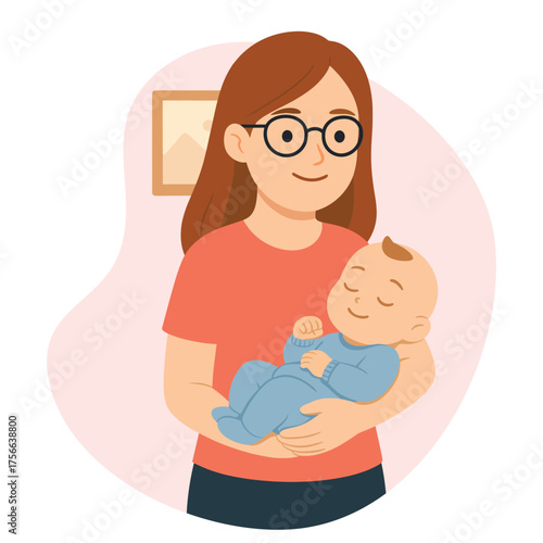 Mother holding sleeping baby in flat cartoon style illustration