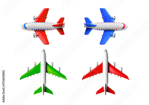 Four 3D Airplane Set – Red, Blue, and Green Passenger Jet Icons on White Background