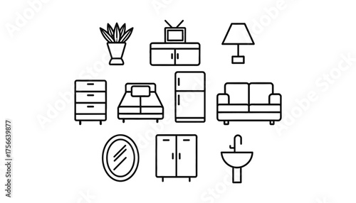Monoline Vector Icon Set of Home Furniture, Appliances, Decor, and Household Interior Items, featuring Living Room, Bedroom, and Bathroom Elements.