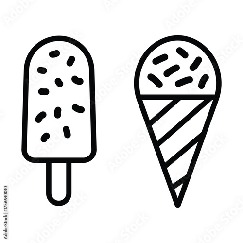 Two ice cream treats show simple black line art on a white background