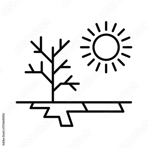 Barren tree and cracked earth line symbol stand beneath bright sun against white background
