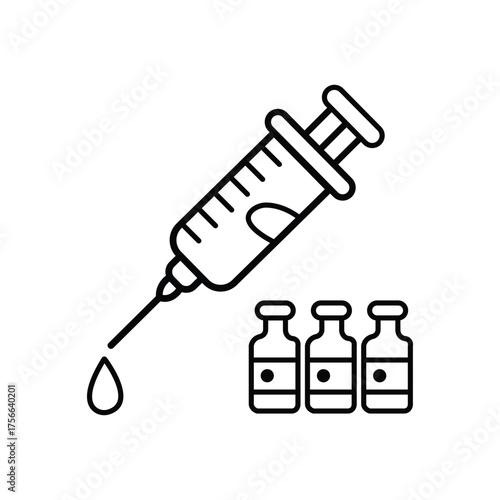 Outline syringe drops liquid near three bottles, showcasing treatment on a white background