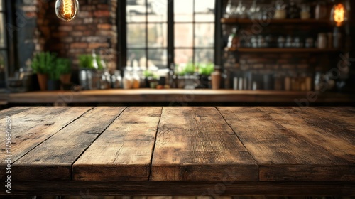 Rustic wooden table in a cozy interior with brick wall, bottles, window, light bulb, and shelves
