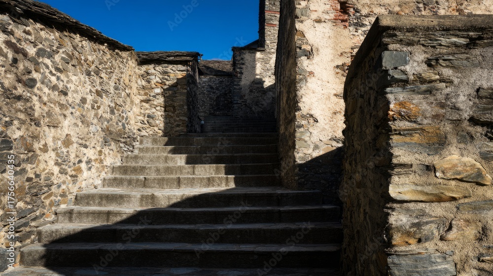 Fototapeta premium ascent. Stone staircase bathed in sunlight, creating a dramatic contrast with atmospheric haze and a low-angle view. real-estate listings. 