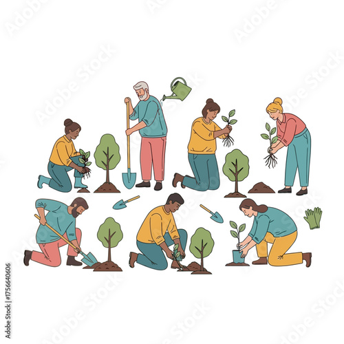 Diverse group of people planting trees and plants in a garden setting.