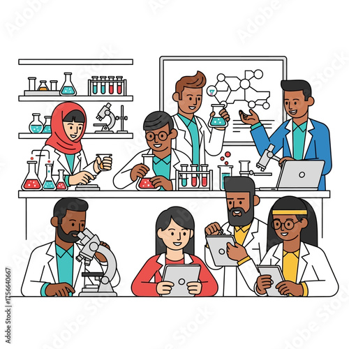 Diverse group of scientists collaborating in a modern laboratory setting.