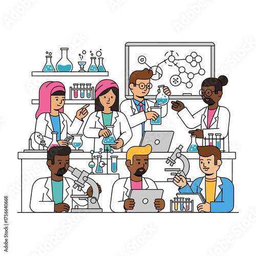 Diverse group of scientists collaborating in a modern laboratory setting.