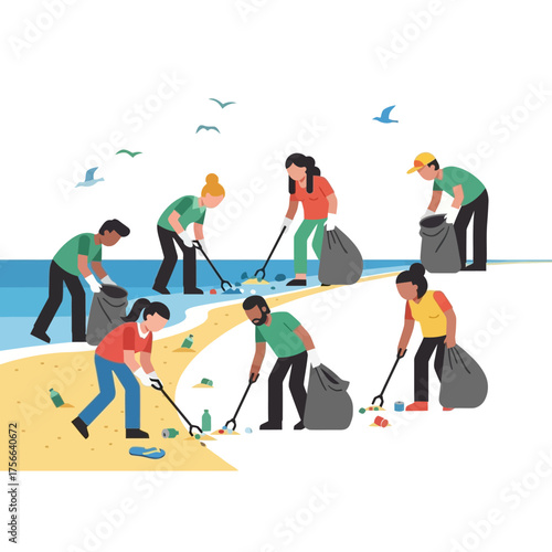Diverse group of volunteers cleaning up a beach environment.