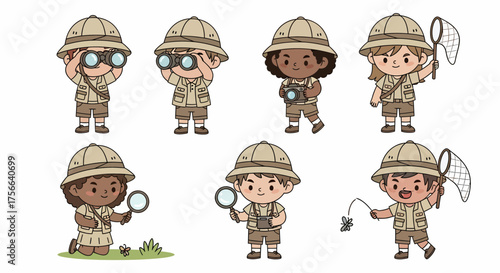 A collection of cartoon children dressed as explorers, holding binoculars, cameras, magnifying glasses, and a butterfly net, set against a white background.