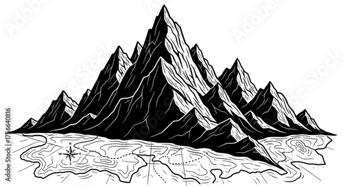 Black and white illustration of a mountain range rising from a topographical map with a compass rose and dotted trail.