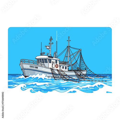 Fishing boat on the ocean with nets.