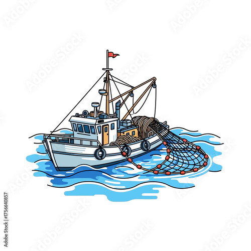 Fishing boat with net in the ocean.