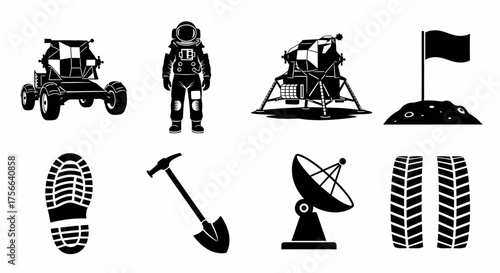 Black and white vector icons depicting elements related to a lunar mission, including a rover, astronaut, lander, flag, footprint, shovel, antenna, and tire tracks.