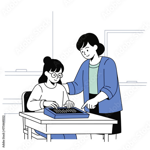 Teacher assisting student with braille typewriter in classroom.