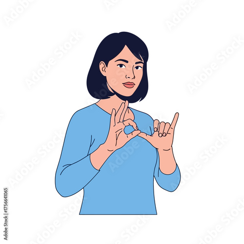 Woman demonstrating sign language with hands.