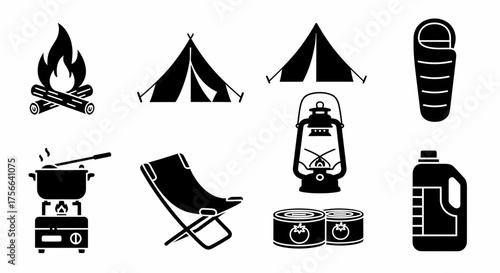 A collection of camping icons in black silhouette, including a campfire, tent, lantern, sleeping bag, cooking stove, chair, and canned food.