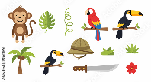 A collection of cartoon vector illustrations featuring a monkey, tropical birds, plants, pith helmet, and a knife, evoking a jungle or safari theme.