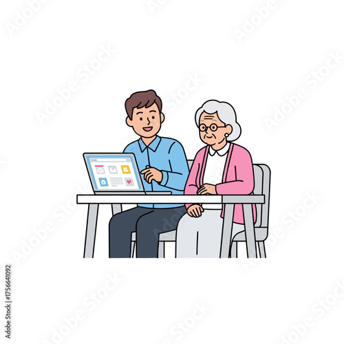Young man teaching elderly woman how to use a laptop computer.