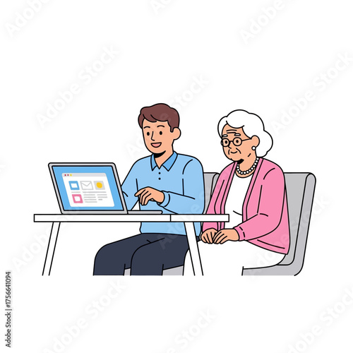 Young man teaching elderly woman how to use a laptop computer.
