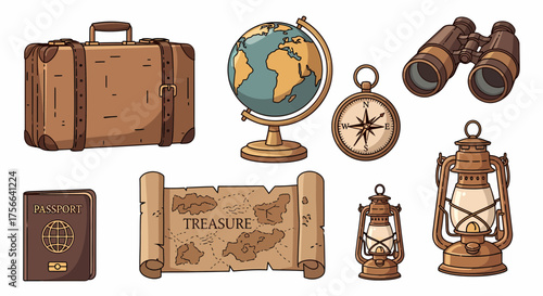 A collection of vintage travel items including a suitcase, globe, binoculars, compass, passport, treasure map, and antique lanterns.