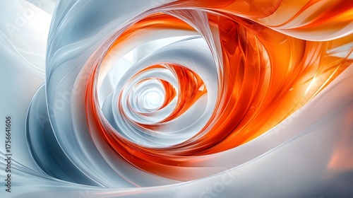 Swirling vortex of abstract orange and white shapes creates dynamic motion.