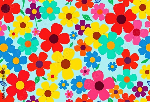 Abstract seamless pattern of cartoon flowers in vibrant colors, creating a playful textured background,  style,  fun