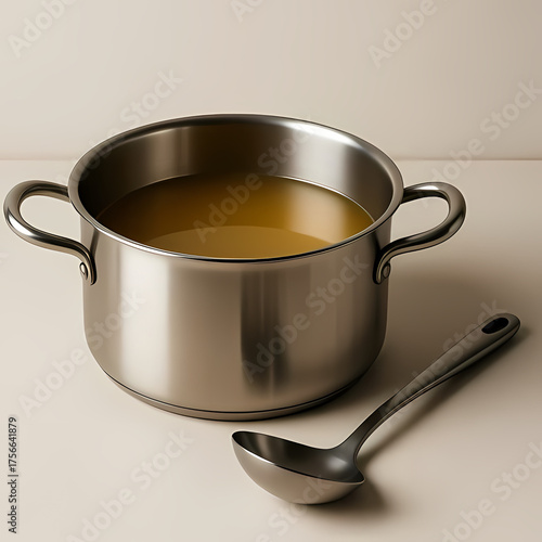 A soup pot with a ladle beside it, simple neutral background.