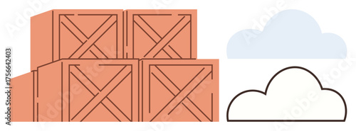 Stacked wooden crates and two clouds express ideas of storage, shipment, and organization. Ideal for logistics, inventory, warehousing, transport, supply chain, cloud storage and minimalistic