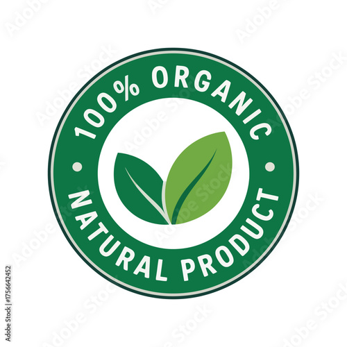 A green circle with the words one hundred ,percent, organic, natural, product, two leaves, Transparency, inside it transparent background, Illustrator Artwork
