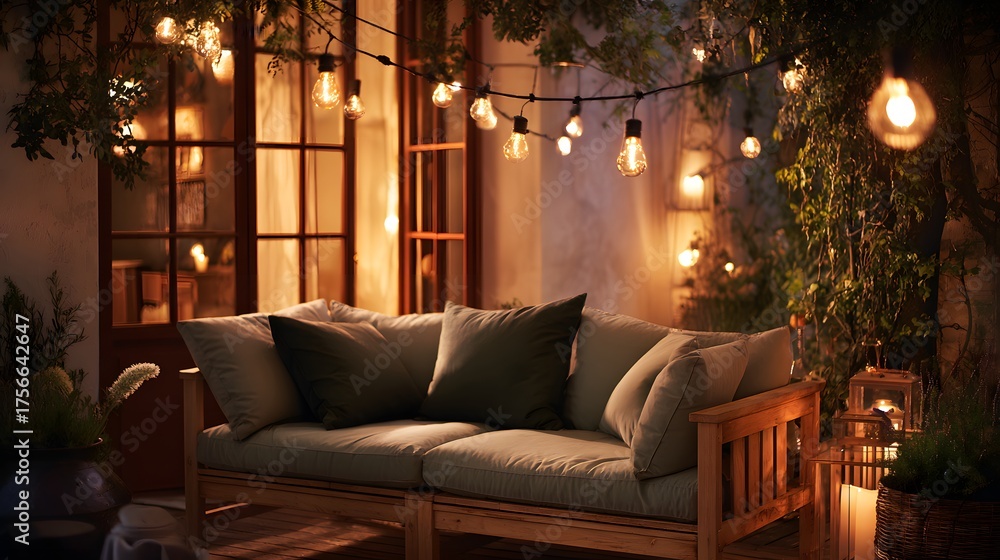 Fototapeta premium Cozy outdoor sofa with string lights creates a warm evening ambiance.
