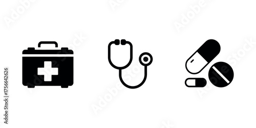 A medical icon set featuring a first aid kit stethoscope and pills in a simple black and white design transparent background, Illustrator Artwork