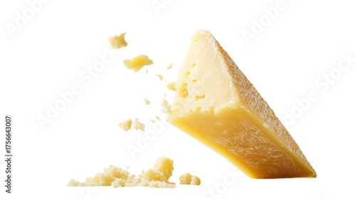 Parmesan cheese wedge with falling crumbs isolated on transparent background